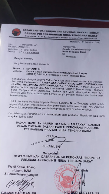 Berpotensi Bikin Gejolak Sosial, PDIP NTB Laporkan KH Ahmad Zen ke Polda NTB