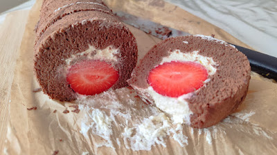 Chocolate Swiss Roll Cake with Fresh Whipped Cream and Strawberry Filling