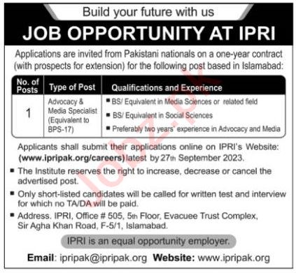 Jobs in Islamabad Policy Research Institute IPRI