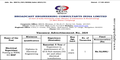 Electrical Supervisor Diploma Engineering Job Opportunities in BECIL