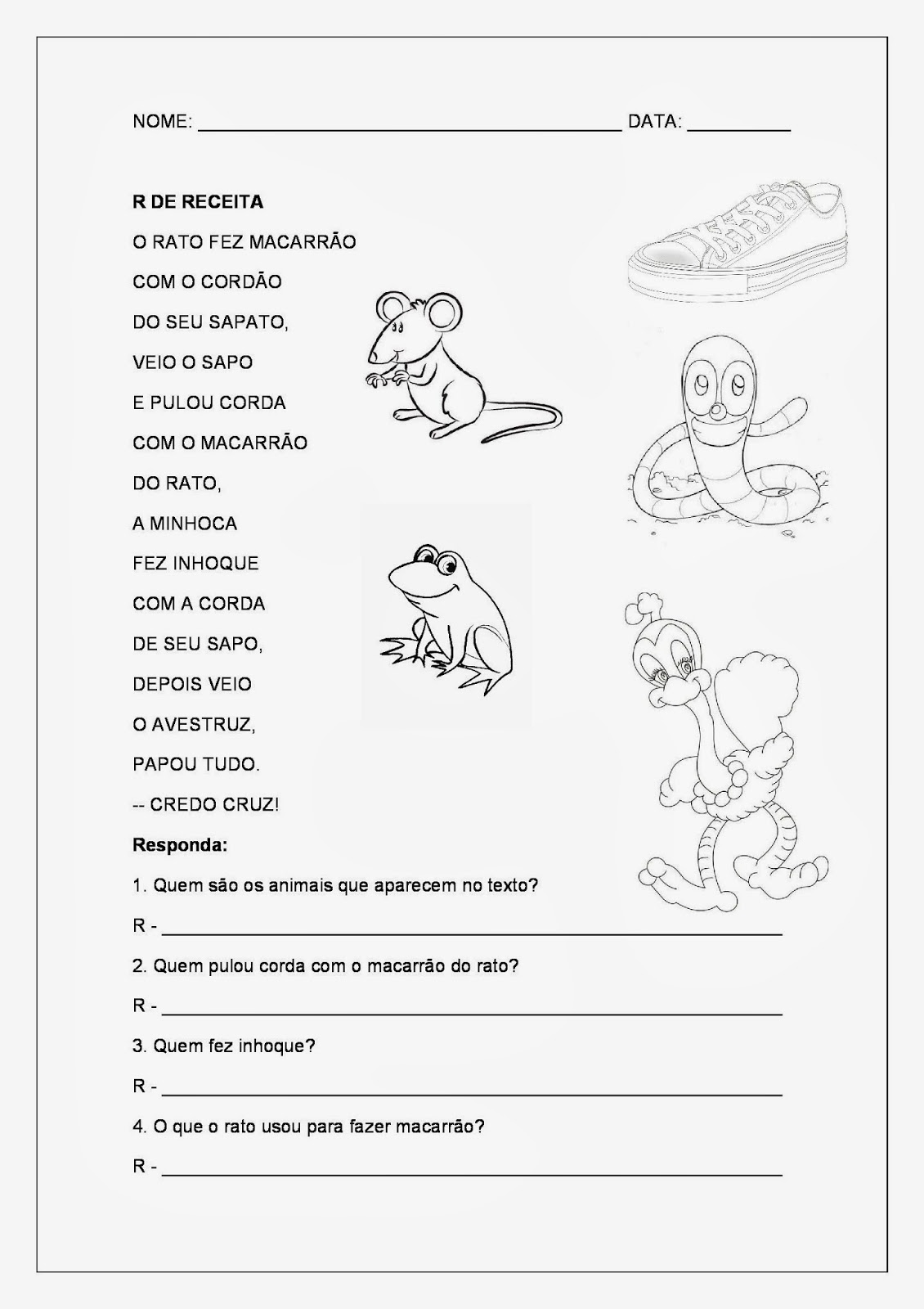Textos Curtos - Texto sobre animais - Interpretação de Texto - R de receita