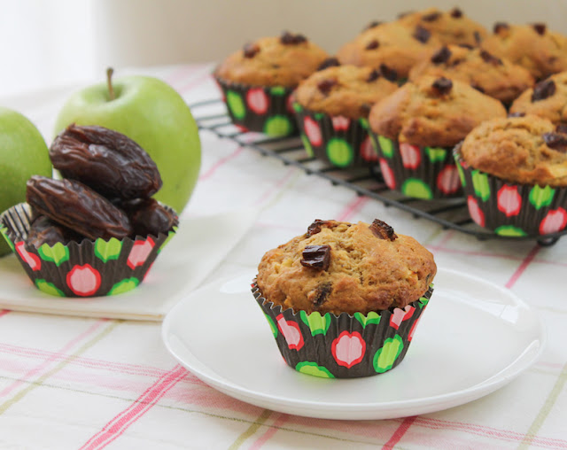 Food Lust People Love: Sweet ripe Medjool dates and tart green apple combine in these apple and date muffins to make a deliciously nutritious breakfast or snack.