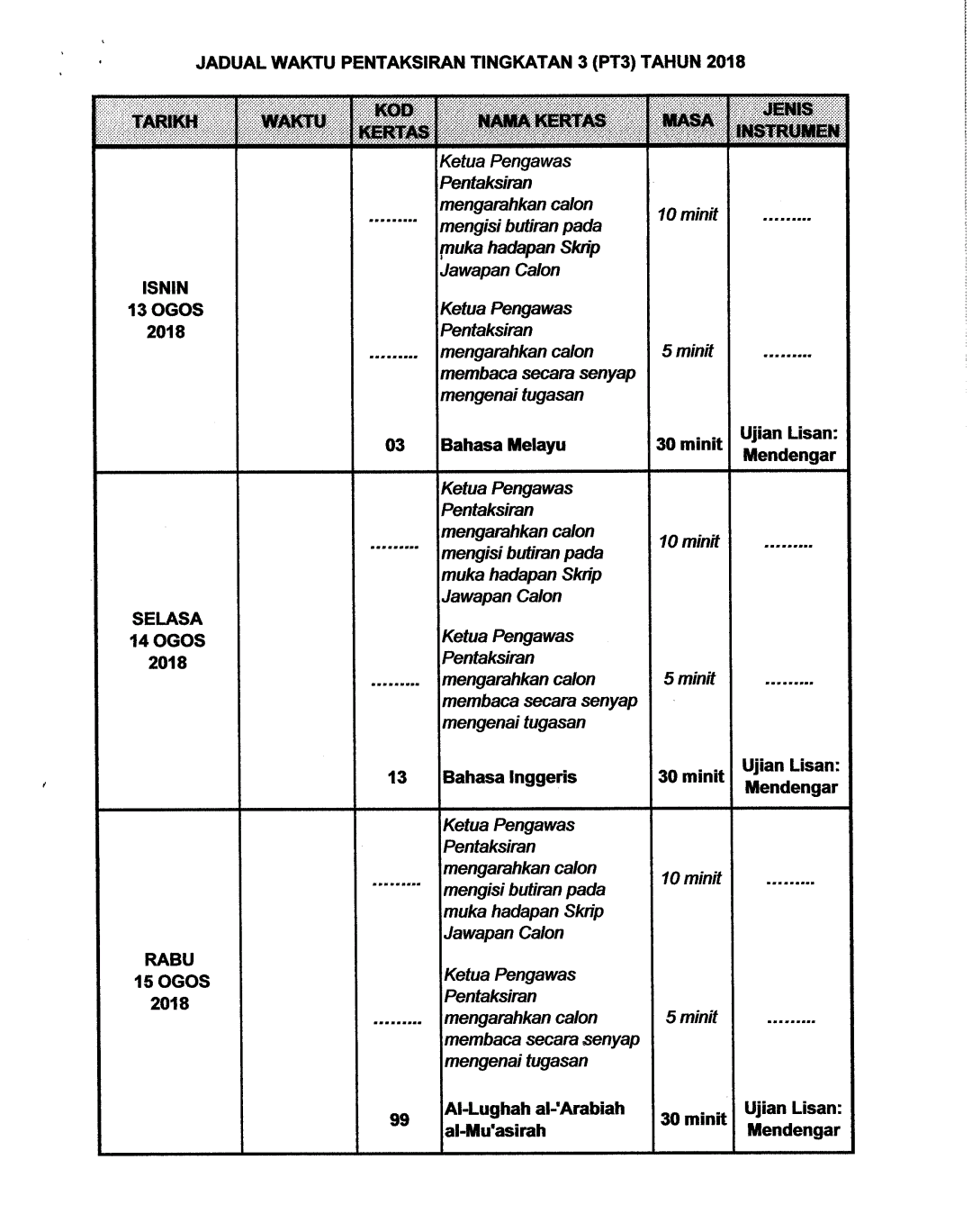 Jadual Waktu Peperiksaan PT3 2020 Pentaksiran Tingkatan 3 