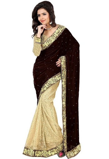 Brown Velvet Saree