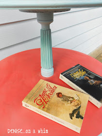 Destin Gulf Green over a homemade blue chalk paint adds texture to a table makeover from Denise on a Whim