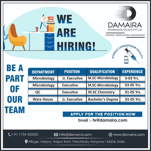 Damaira Pharma Hiring For Microbiology/ QC/ Warehouse