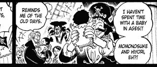 In the panel we also see how Rayleigh holds Momonosuke. Based on this we can conclude that Roger and Rayleigh once raised a small child together aboard the Oro Jackson. And one thing that's interesting is that in the translation of what Roger said to Hiyori, he said that "it's been a long time since I've seen/raised/carried a baby."