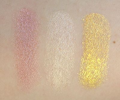 Maybelline Color Tattoo Metal Eyeshadow Barely Branded, Inked in Pink, Gold Rush swatches