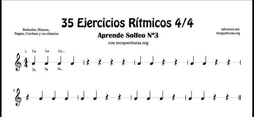 53 Ejercicios Rítmicos en 4/4 Partituras de Ritmos con Negra, Corcheas, Blanca y sus Silencios Aprende Solfeo y Rítmica