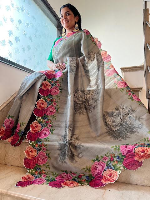 Our collectiion of tussar sarees with rose scallop border and pallu.