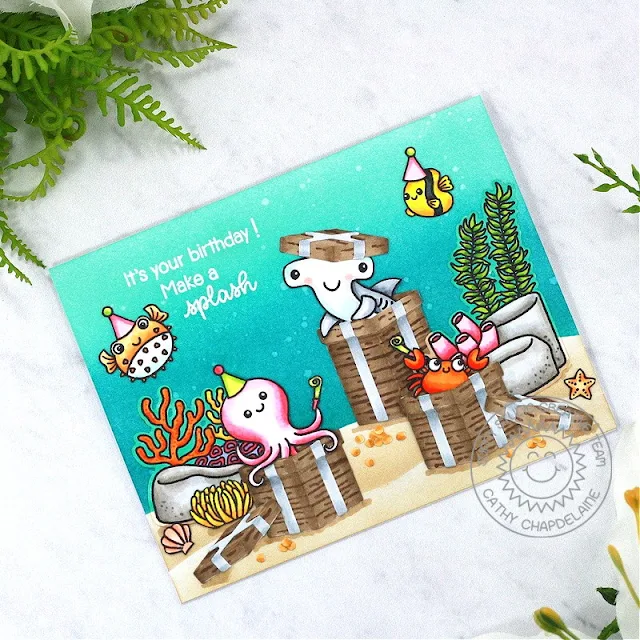 Sunny Studio Stamps: Perfect Gift Boxes Die Focused Birthday Card by Cathy Chapdelaine (featuring Best Fishes, Fintastic Friends, Ocean View)