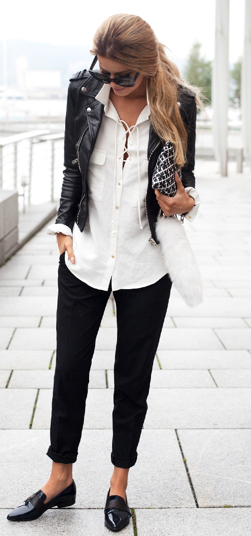 fall casual office style / leather jacket + lace up shirt + bag + pants + loafers