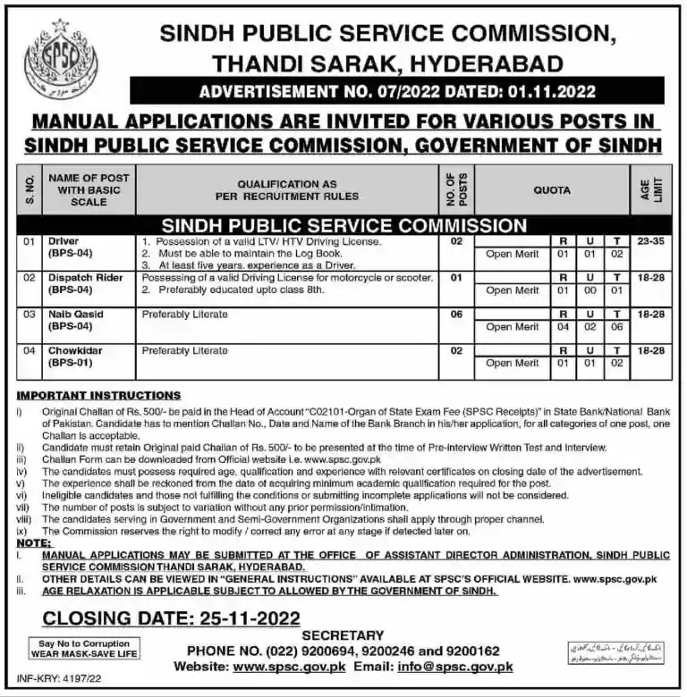 Sindh Public Service Commission Jobs 2022 - SPSC Jobs 2022 - www.spsc.gov.pk 2022