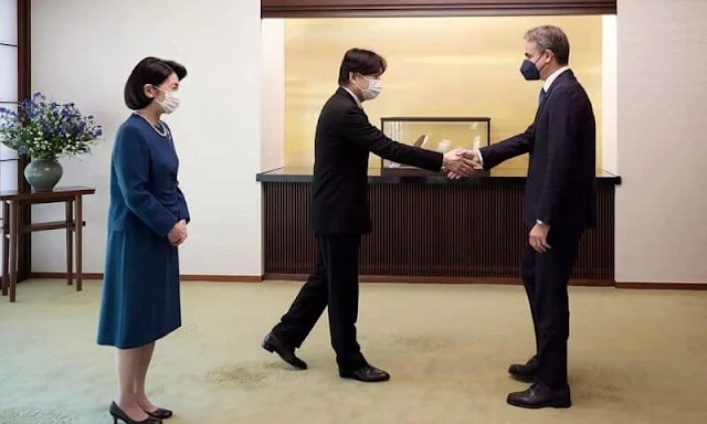 Greek Prime Minister Kyriakos Mitsotakis and his wife Mareva Grabowski visit to Japan. Crown Princess Kiko wore a blue dress