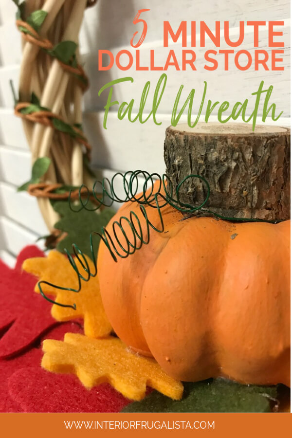 Turn inexpensive dollar store finds into an adorable small DIY Fall Pumpkin Wreath and it's so quick and easy to make in five minutes or less. #diyfallwreath #pumpkincraft