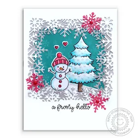 Sunny Studio: Feeling Frosty Snowman Holiday Christmas Card (using Layered Snowflake Frame Dies, Seasonal Trees Stamps & Holiday Cheer 6x6 Paper)