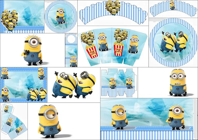 Minions en Fondo Azul: Mini Kit para imprimir Gratis.