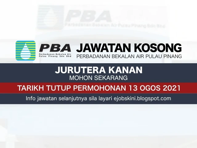 Jawatan kosong Perbadanan Bekalan Air Pulau Pinang (PBA) Ogos 2021