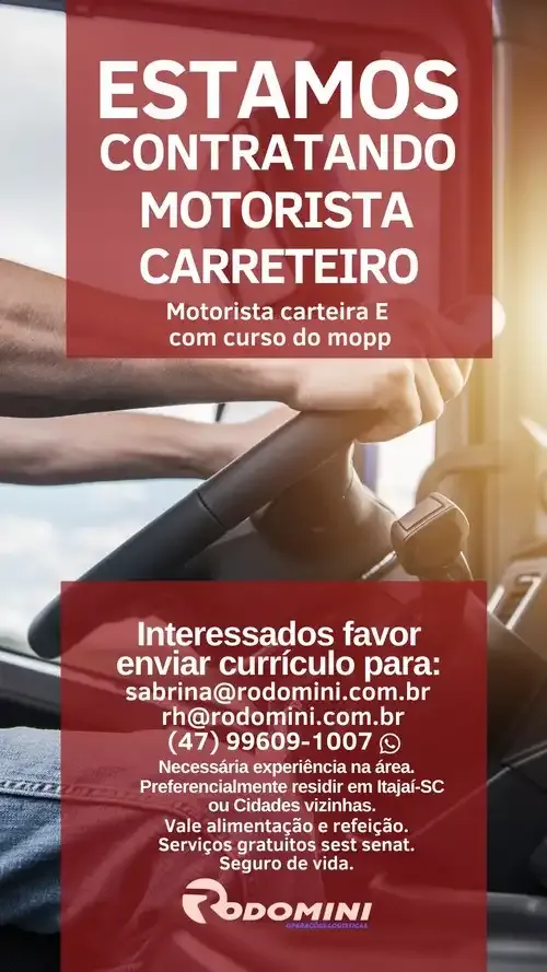 Anúncio de vagas para motoristas Rodomini