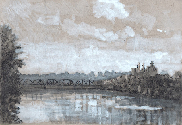 Ink and white gouache sketch on toned tan paper of river view with power plant and railroad bridge