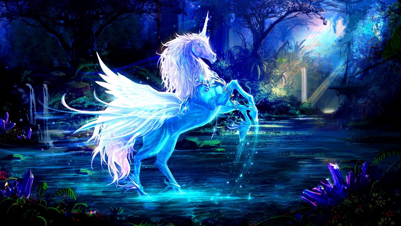 Wallpaper Unicorn Water Forest Night Magic