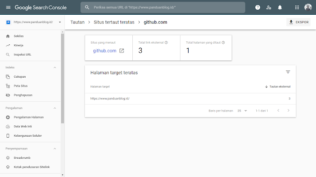 Hasil dari Google Search Console Backlink GitHub