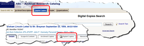 Detail from ARC shows Digital Copies search button and Digital Copies tab