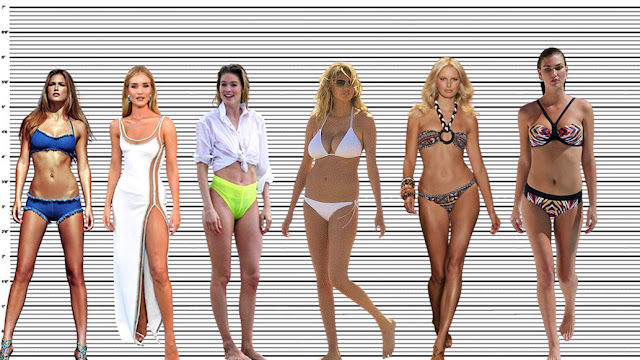 Karolina Kurkova with Bar Refaeli (5'8.5"), Rosie Huntington-Whiteley (5'9"), Doutzen Kroes (5'9"), Kate Upton (5'10), and Karlie Kloss (6'1.5")