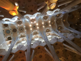 Pic looking up at the detail of the roof inside Sagrada Família