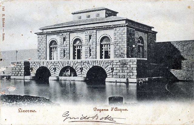 Old postcard, Dogana d'acqua, Canale dei Navicelli, Livorno