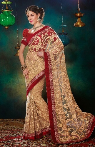 Cream Colored Net Saree With Heavy Resham Work Online