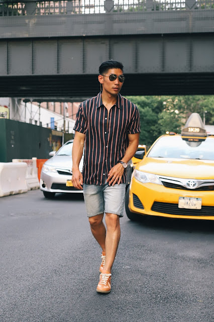 Leo Chan wearing Nautical Stripes, Burberry Aviator Sunglasses, A21 Necklace for a Poolside Look | Asian Male Model