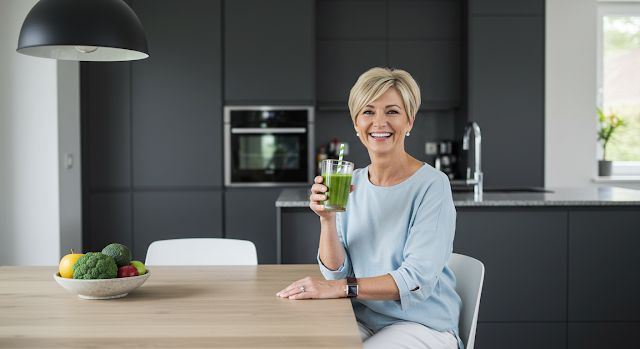 A smiling woman enjoying a green smoothie at a dining table with a modern kitchen background.