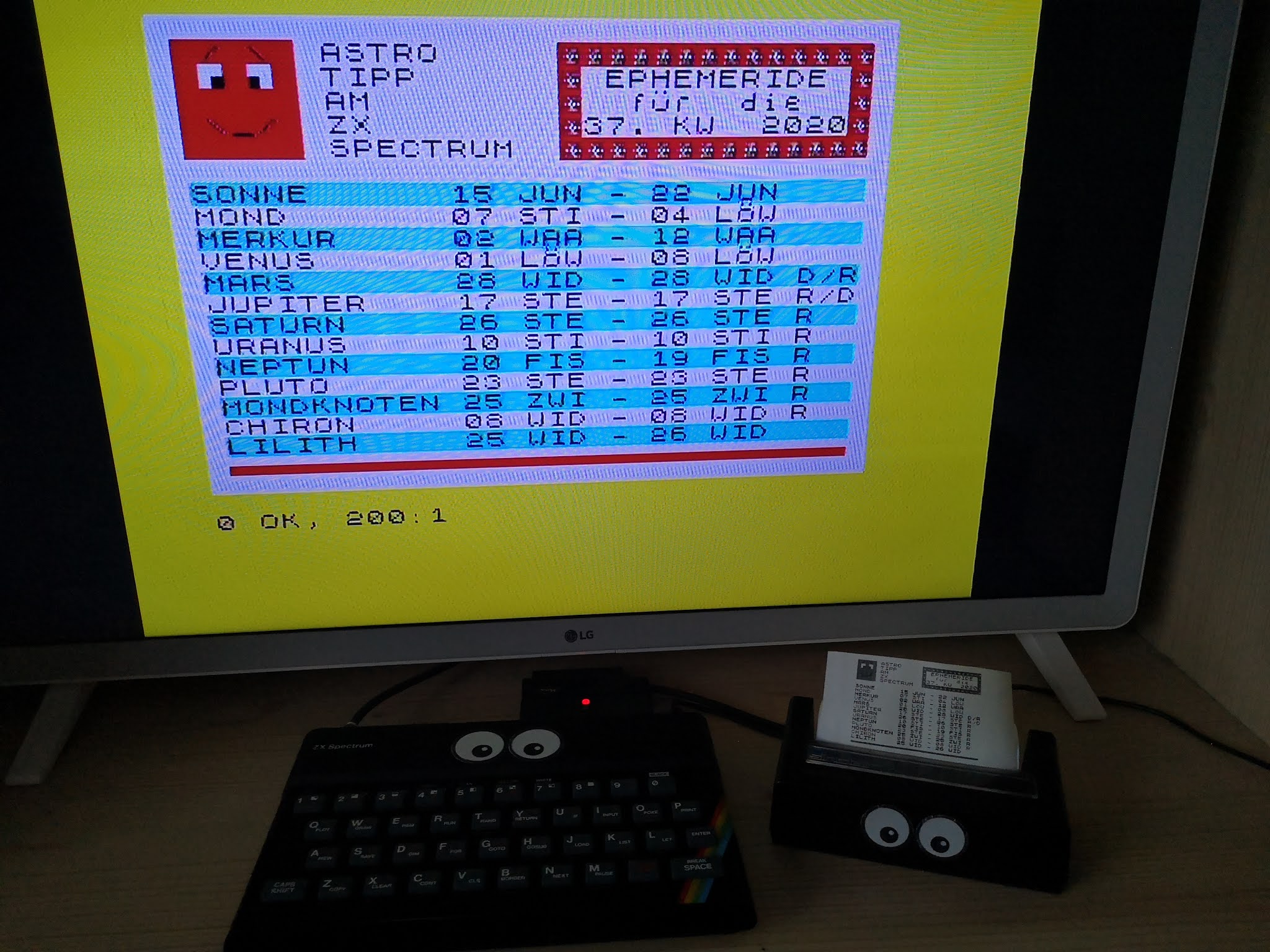 Planetenstände für diese Kalenderwoche am ZX Spectrum und ZX Printer