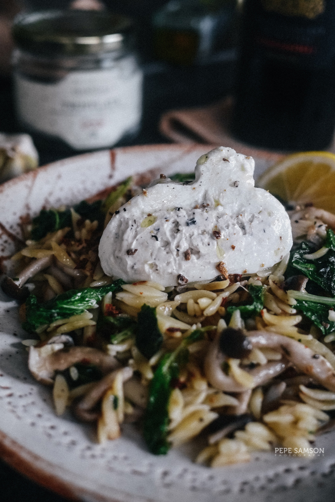 Recipe: Truffled Orzo with Mushrooms, Kale, and Burrata