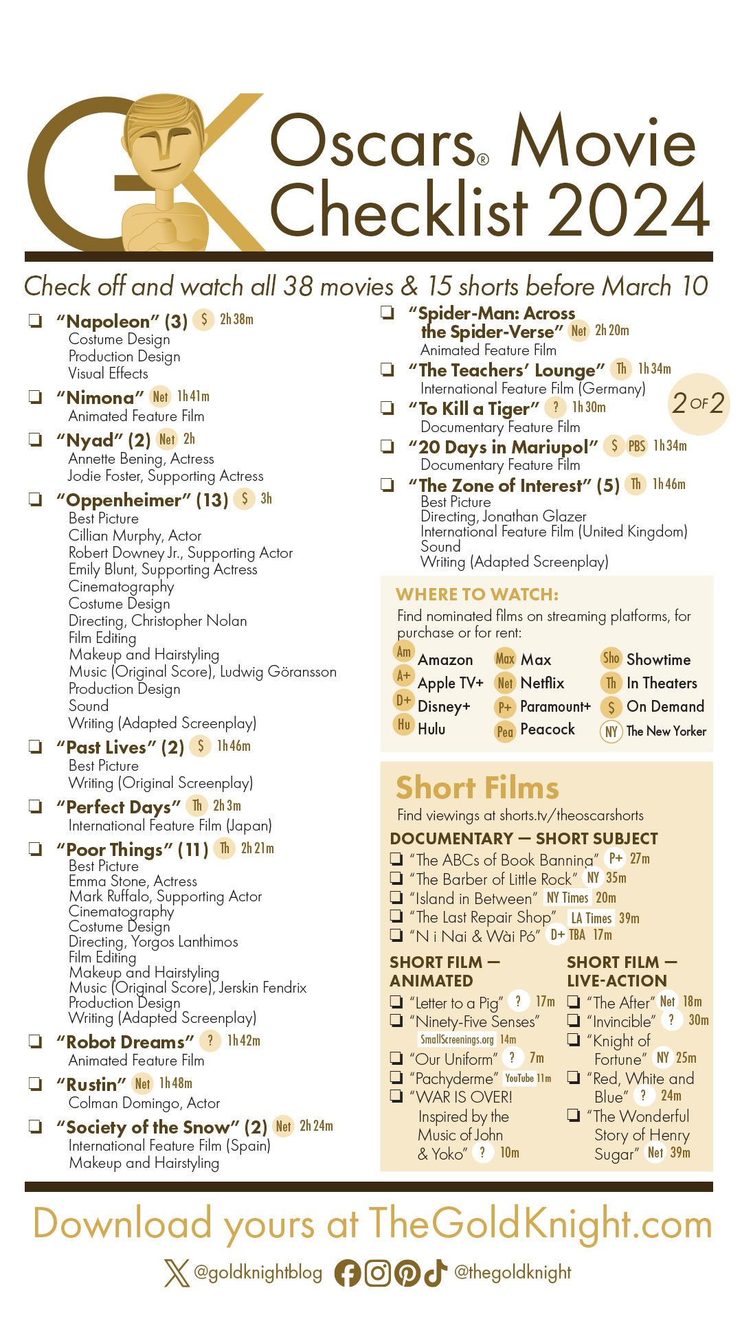Oscars 2024 Download our printable movie checklist The Gold Knight