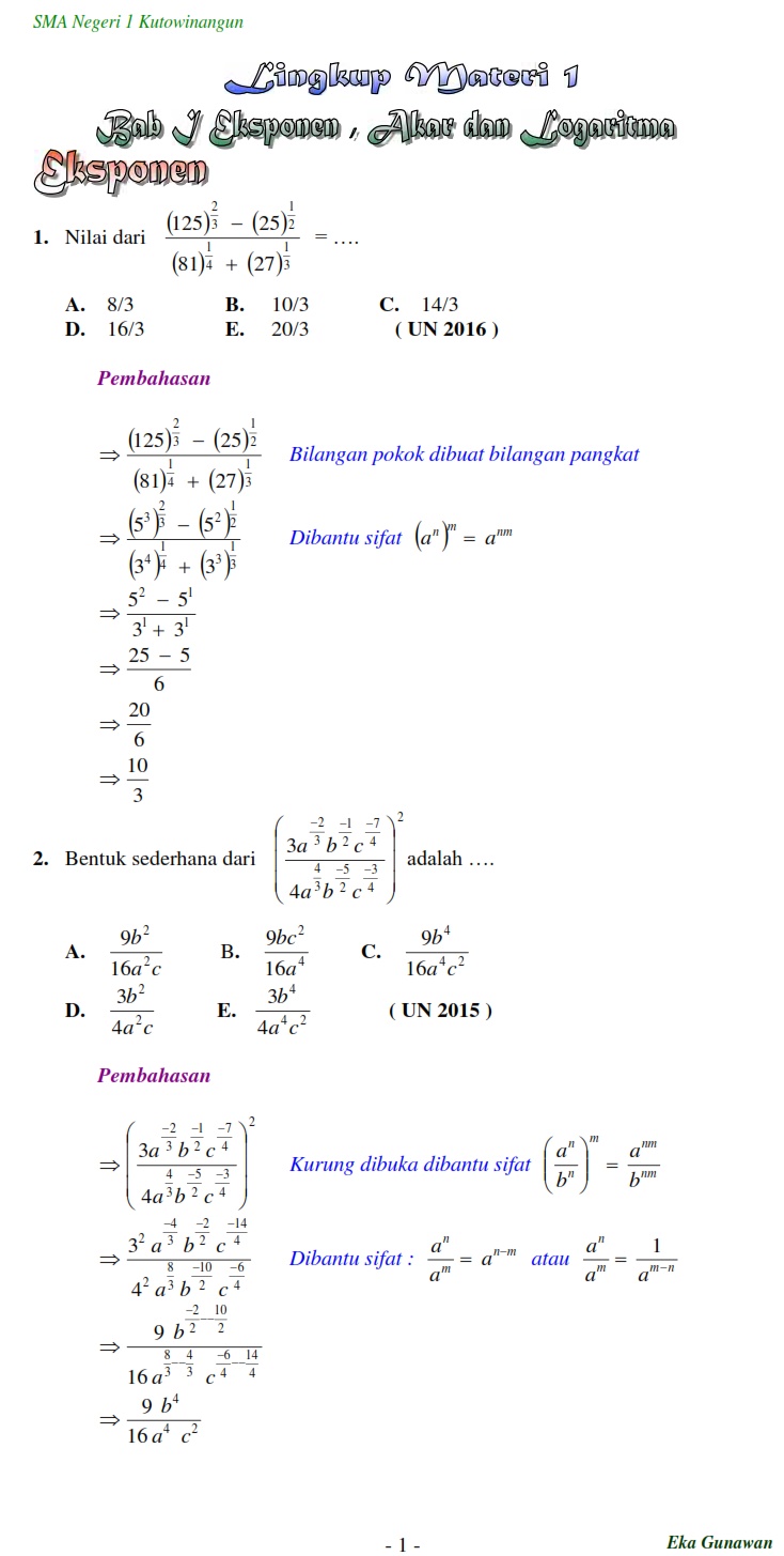 Matematika Di Sma Soal Dan Pembahasan Unbk Matematika Pangkat