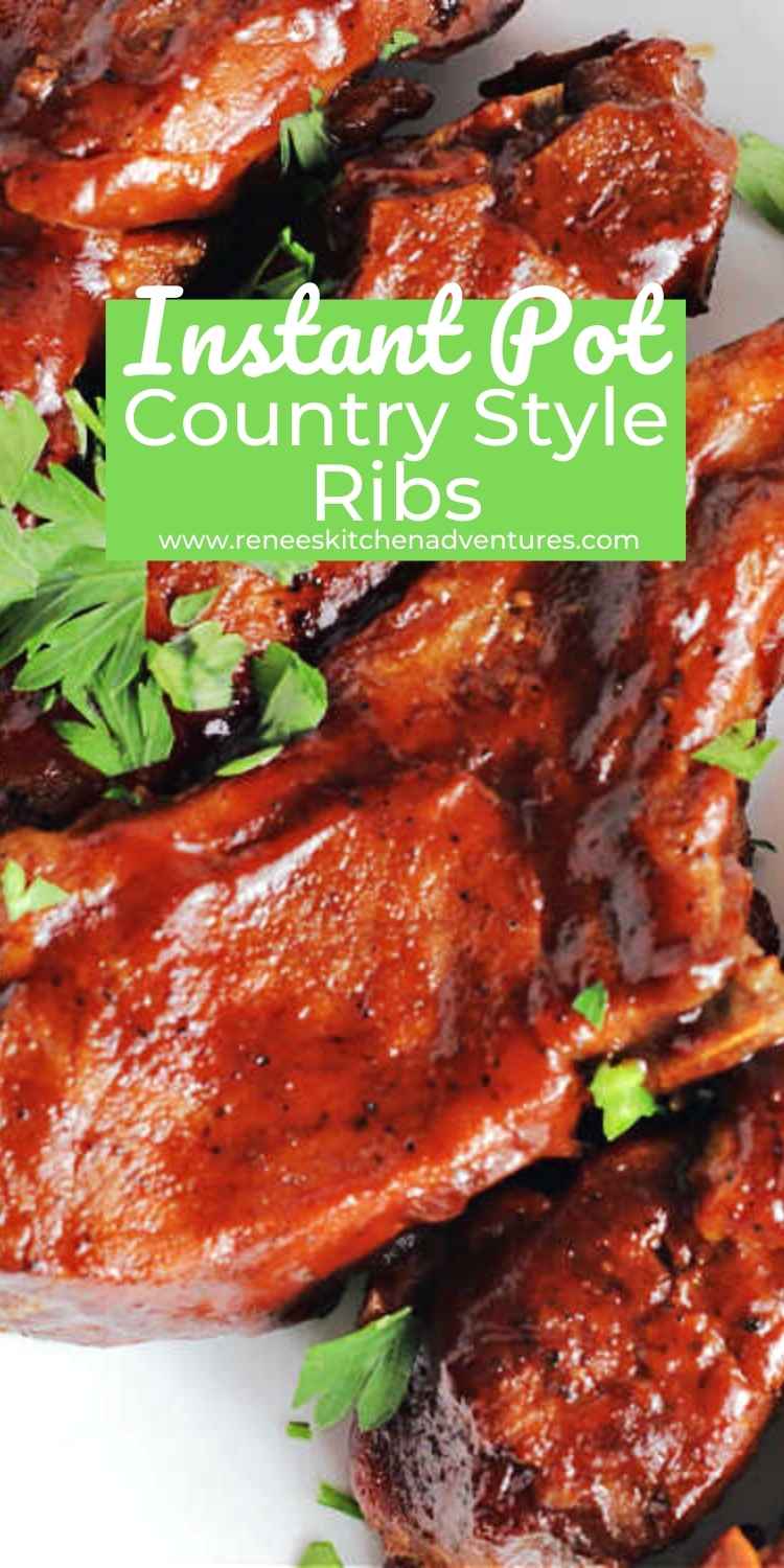 Instant Pot Country Style Ribs on white platter ready to eat - Pinterest pin with text