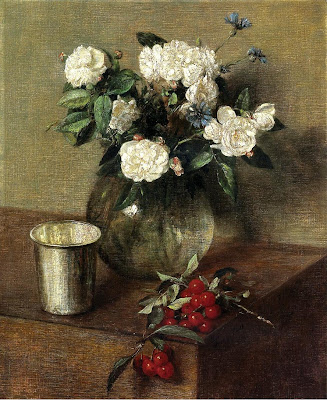 Still Life painting by Henri Fantin-Latour. White Roses and Cherries