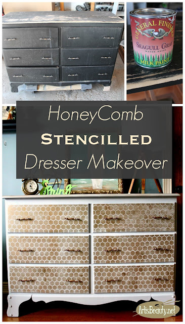 honeycomb stencilled dresser makeover general finishes seagull gray paint deco art stencil before and after