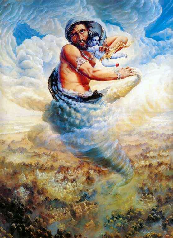 Trinavarta taking baby Krishna high in sky