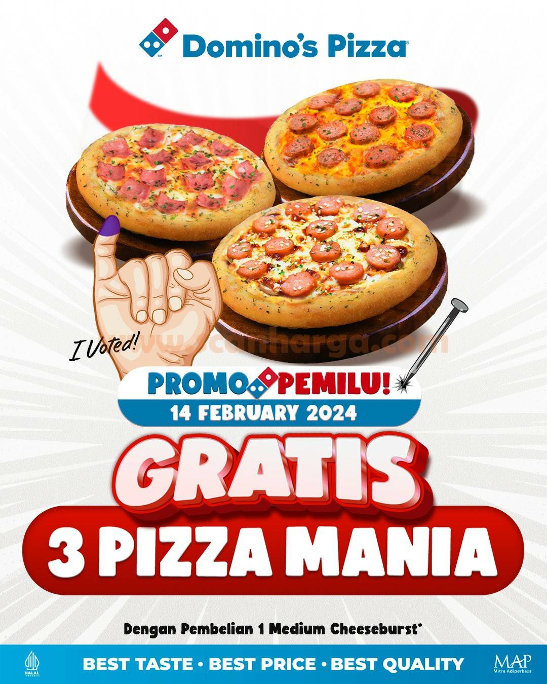 Promo PEMILU DOMINOS PIZZA - GRATIS 3 Pizza Mania