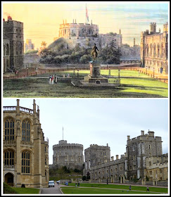 Top: The Upper Ward, Windsor Castle from   The History of the Royal Residences by WH Pyne (1819)  Bottom: The Lower Ward, Windsor Castle today © Andrew Knowles