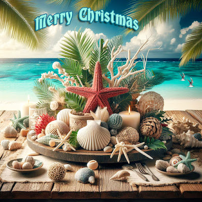 Tropical Christmas Centerpiece with shells, coral, starfish, pine cones and ornaments.