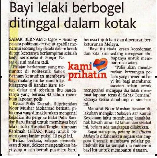 PEMBUANGAN BAYI & KES PENDERAAN: Keratan Akhbar 