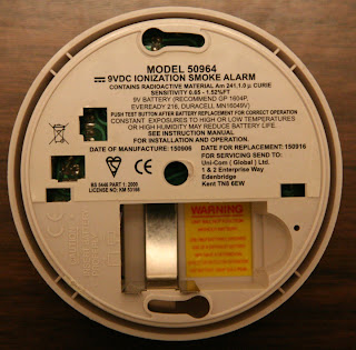 The back of my smoke alarm showing that it is a ionization alarm that contains a small amount of radioactive Americium 241