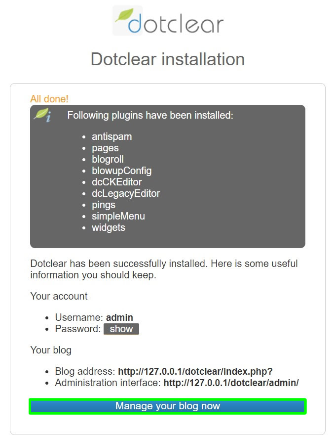 dotclear installation finished