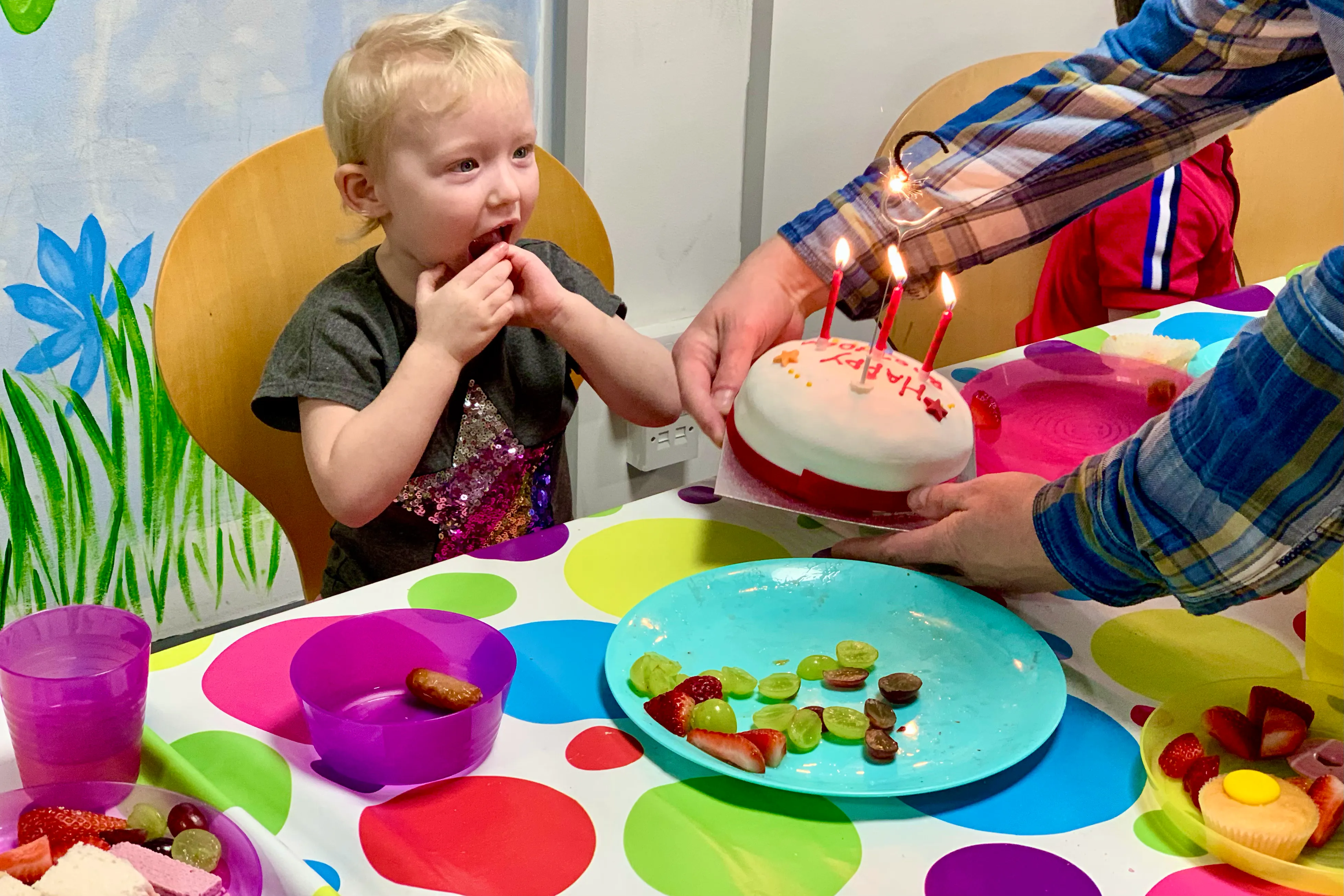 A 3rd birthday party with reusable plates to eat the party food off as an example of an eco-friendly swap for children's parties