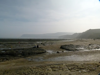 View of the beach and cliffs at Robin Hood's Bay, North Yorkshire