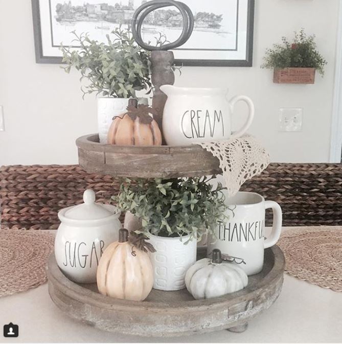 How to decorate a rustic tiered tray for fall with Rae Dunn pottery and pumpkins